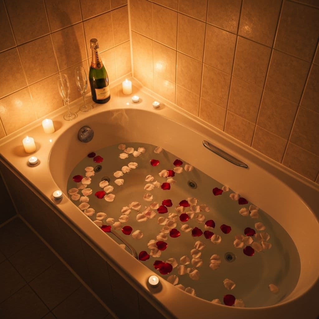 Luxury bathtub setting with rose petals and candles